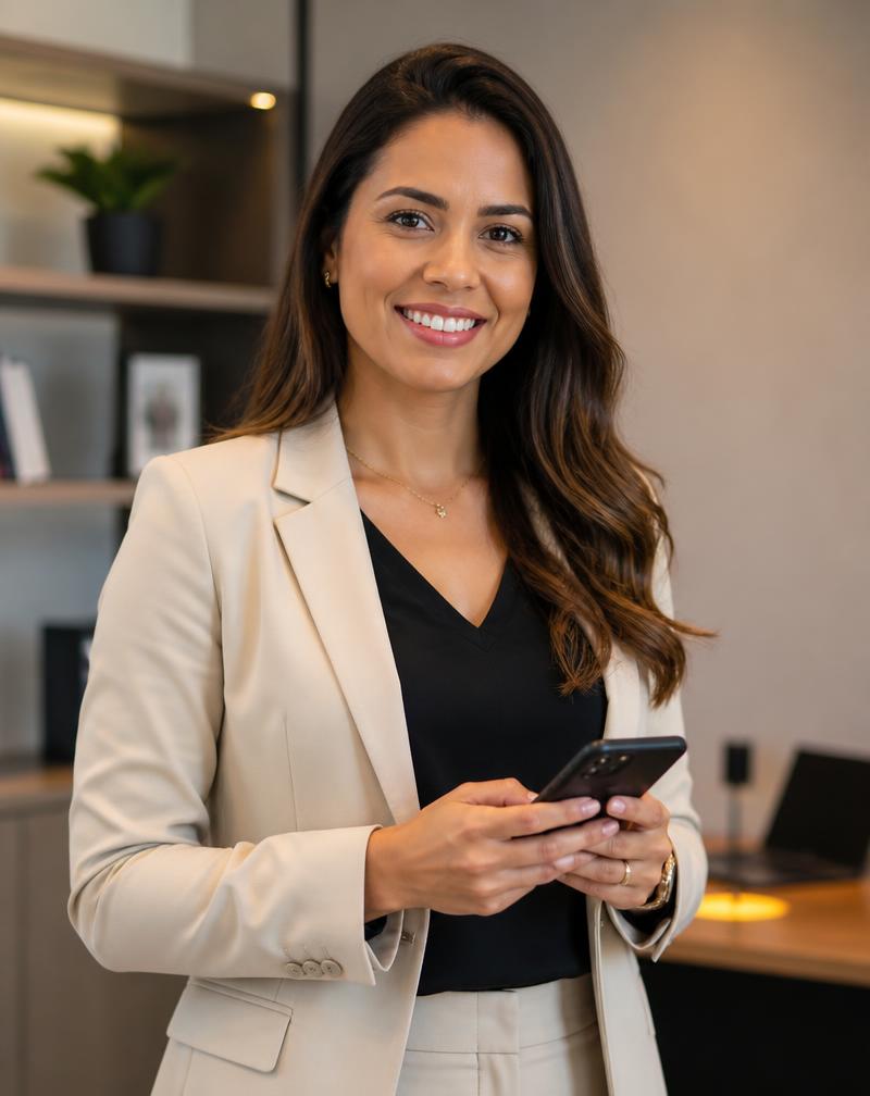 Mujer profesional sonriendo mientras sostiene un smartphone
